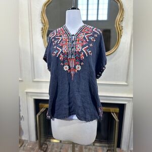 Johnny Was Biya Navy Embroidered Linen Top XS Boho Festival‎ Ethnic Blouse